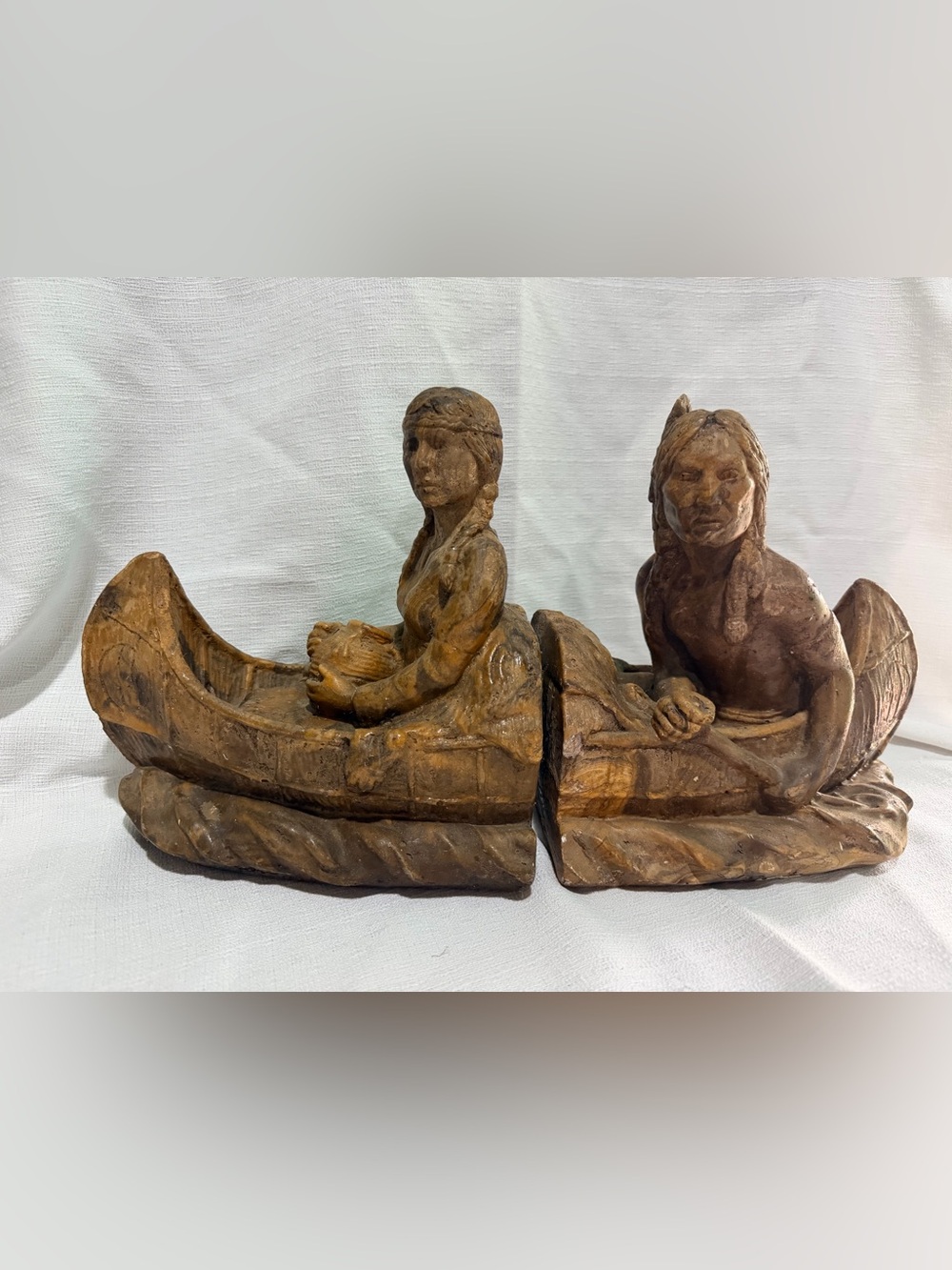 Native America Canoe brown bookends Comanche swirl Sculpture - Rustic Home Art